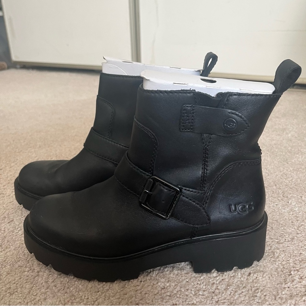 UGG Black Leather Combat Ankle Boots - Saoirse
